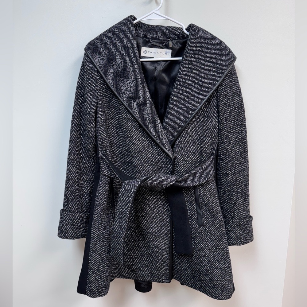 Trina Turk Black and Gray Wool Blend Trench Coat 4